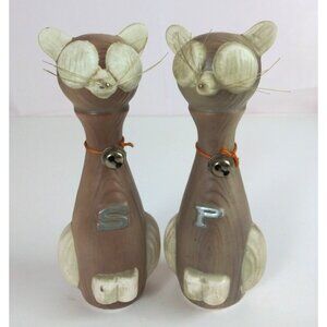 Vintage MCM Long Neck Cat With Whiskers & Bell 6" Salt & Pepper Shakers Japan